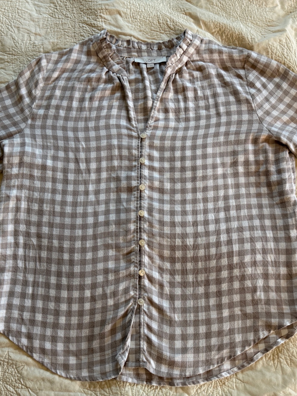 LOFT Beige and White Plaid Button-Front Blouse